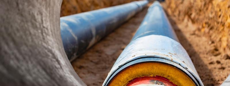 Insulated pipe. Large metal pipes with a plastic sheath laid in a trench. Modern pipeline for supplying hot water and heating to a residential area