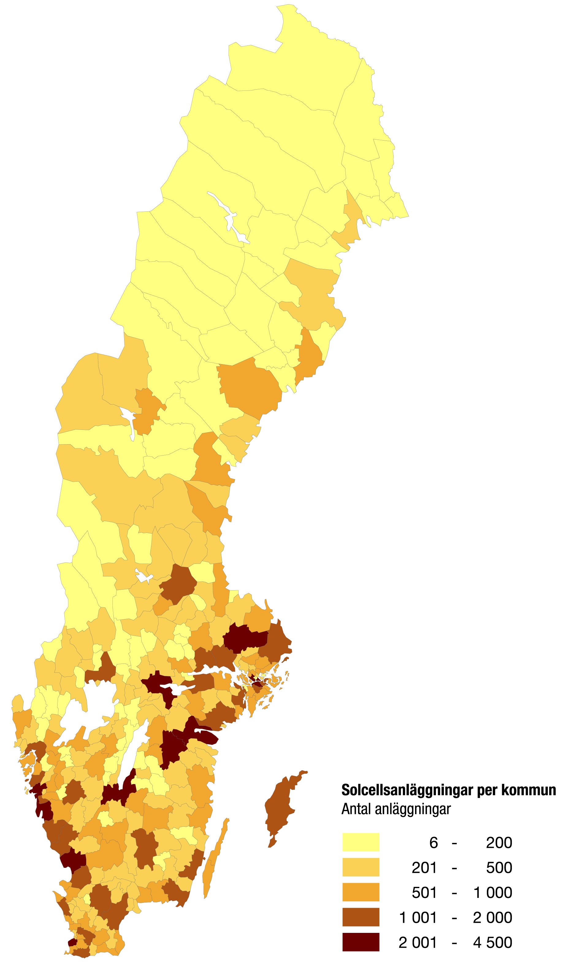 Kartbild Sverige antal solcellsanläggningar per kommun.
